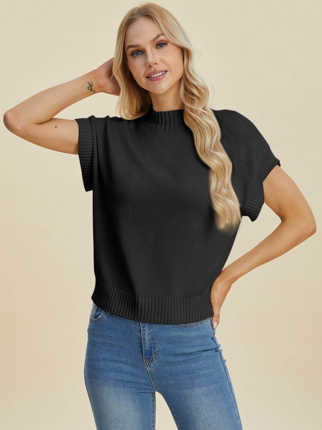 Double Take Full Size Mock Neck Short Sleeve Sweater - DaTrendStore.Com