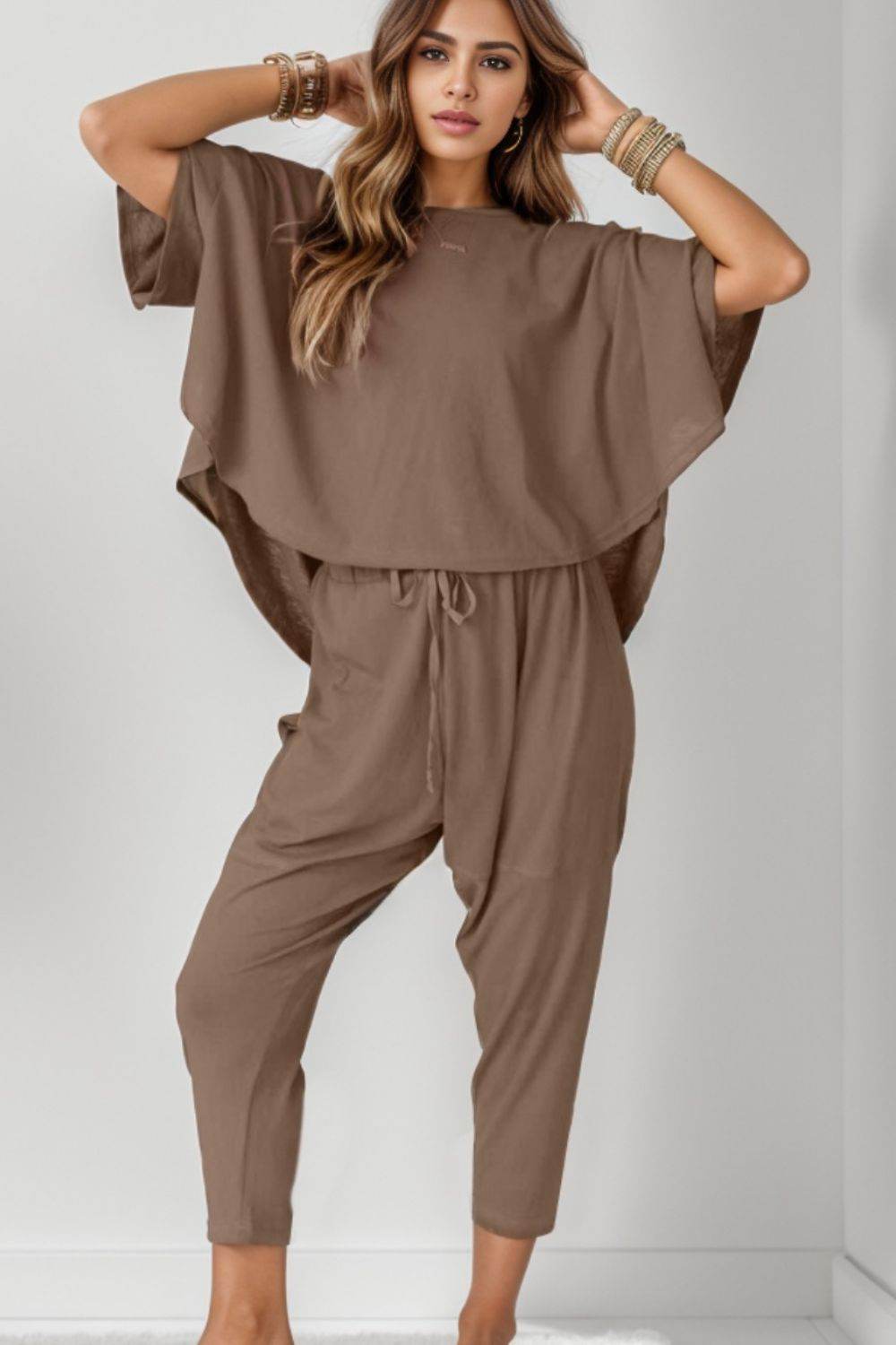 Round Neck Dropped Shoulder Top and Pants Set - DaTrendStore.Com
