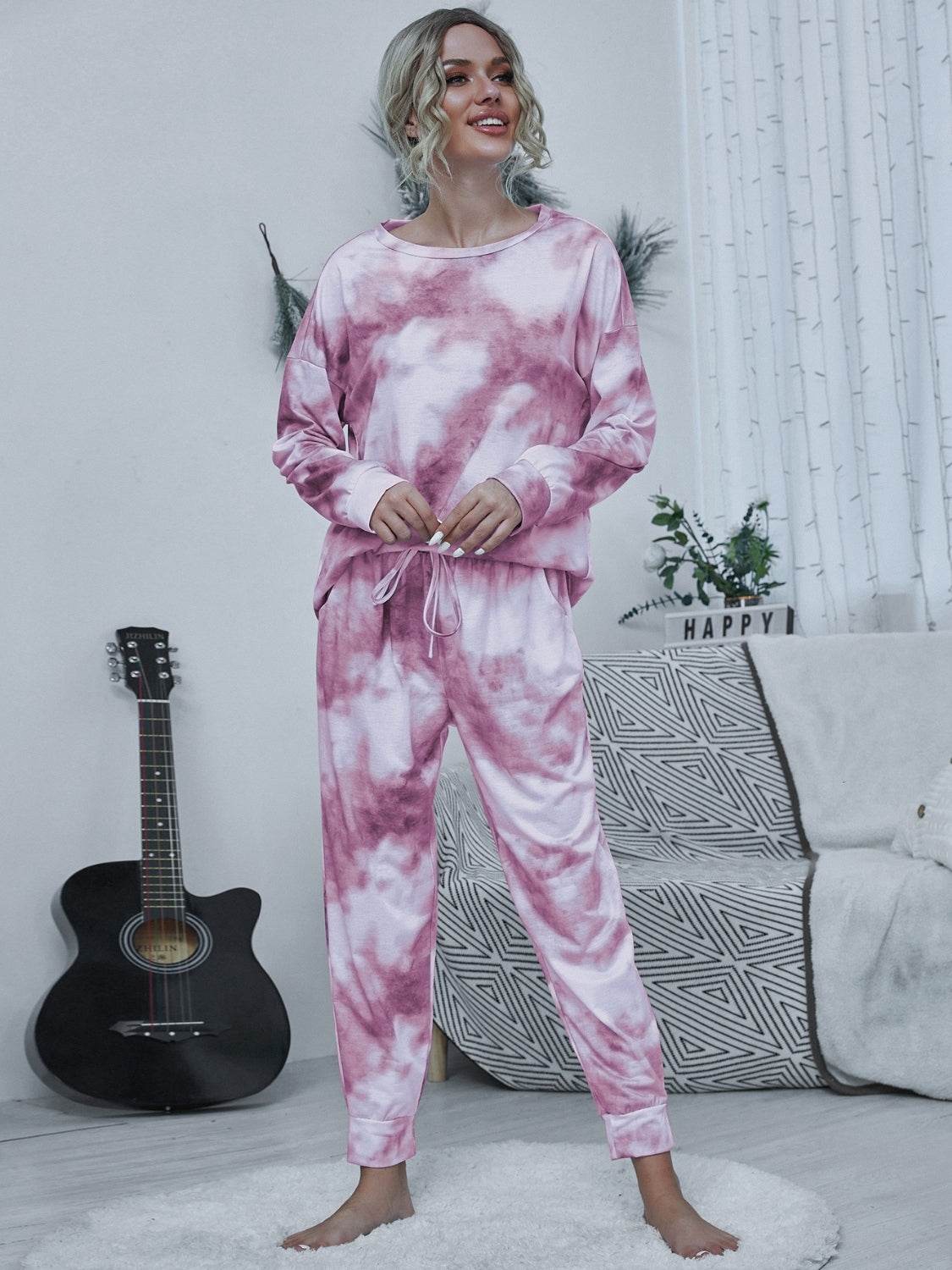 Shiny Tie-dye Round Neck Top and Drawstring Pants Lounge Set - DaTrendStore.Com