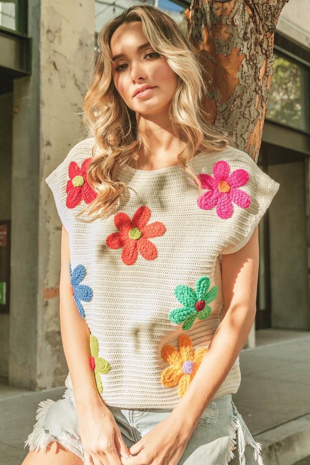 BiBi Flower Round Neck Cap Sleeve Knit Top - DaTrendStore.Com