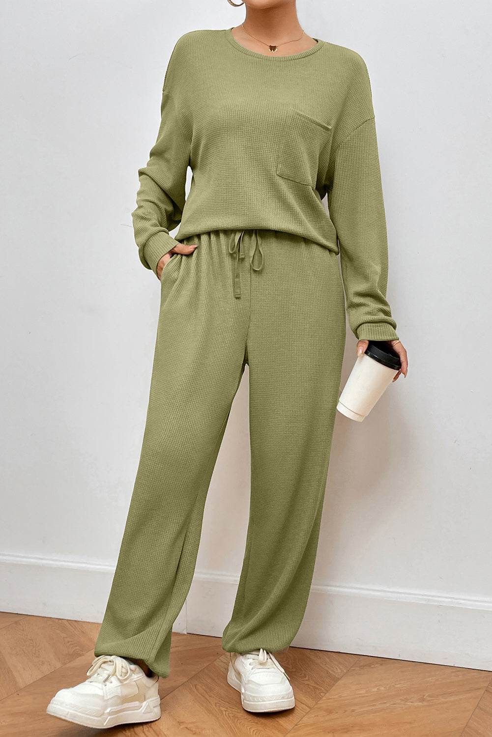 Pocketed Round Neck Top and Pants Lounge Set - DaTrendStore.Com
