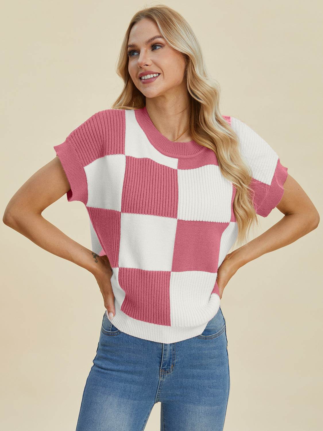 Double Take Full Size Checkered Round Neck Short Sleeve Sweater - DaTrendStore.Com