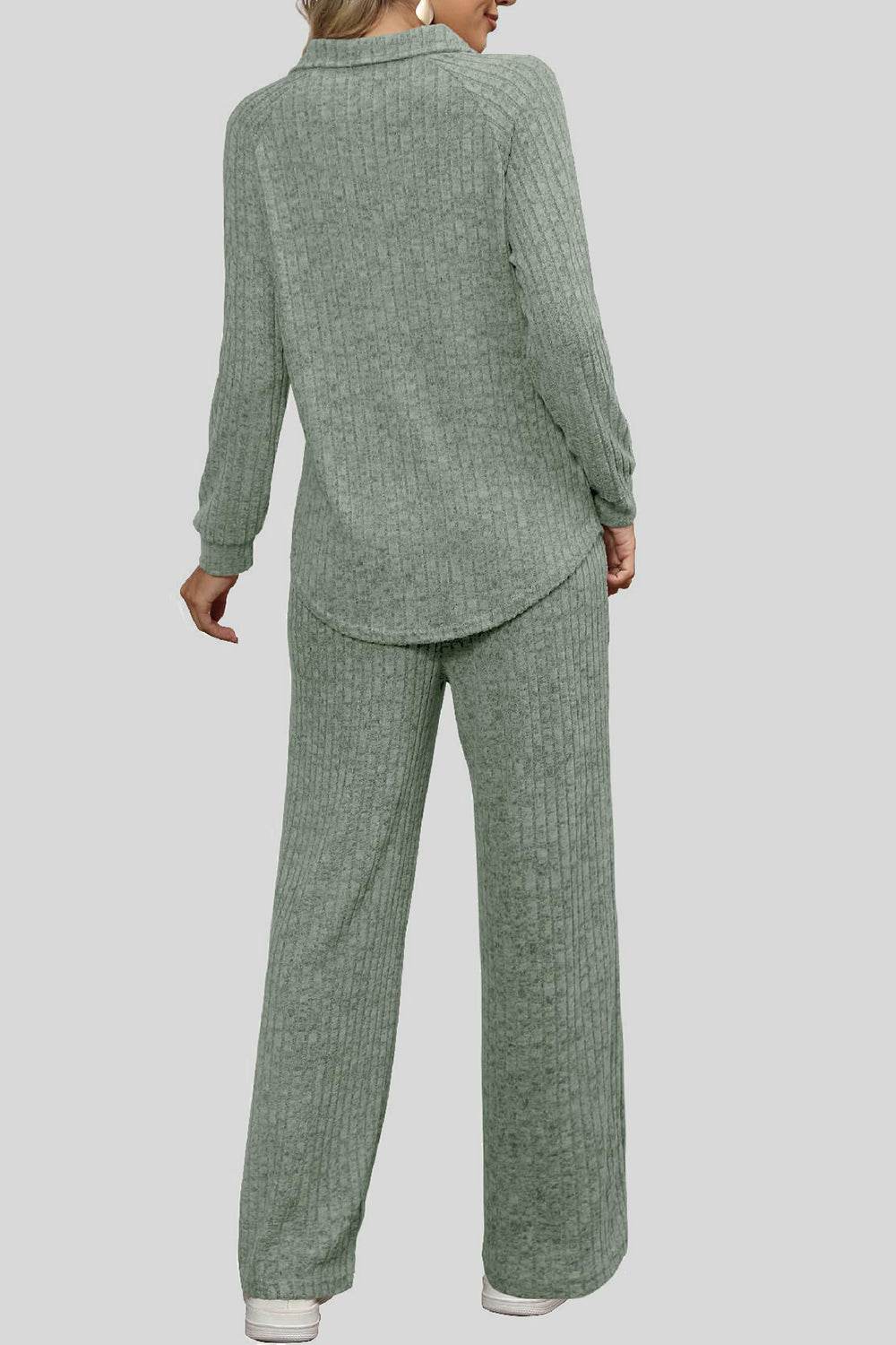 Ribbed Long Sleeve Top and Pocketed Pants Set - DaTrendStore.Com