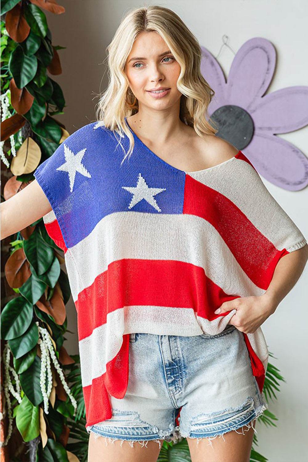 First Love Full Size USA Flag Drop Shoulder Knit Top - DaTrendStore.Com