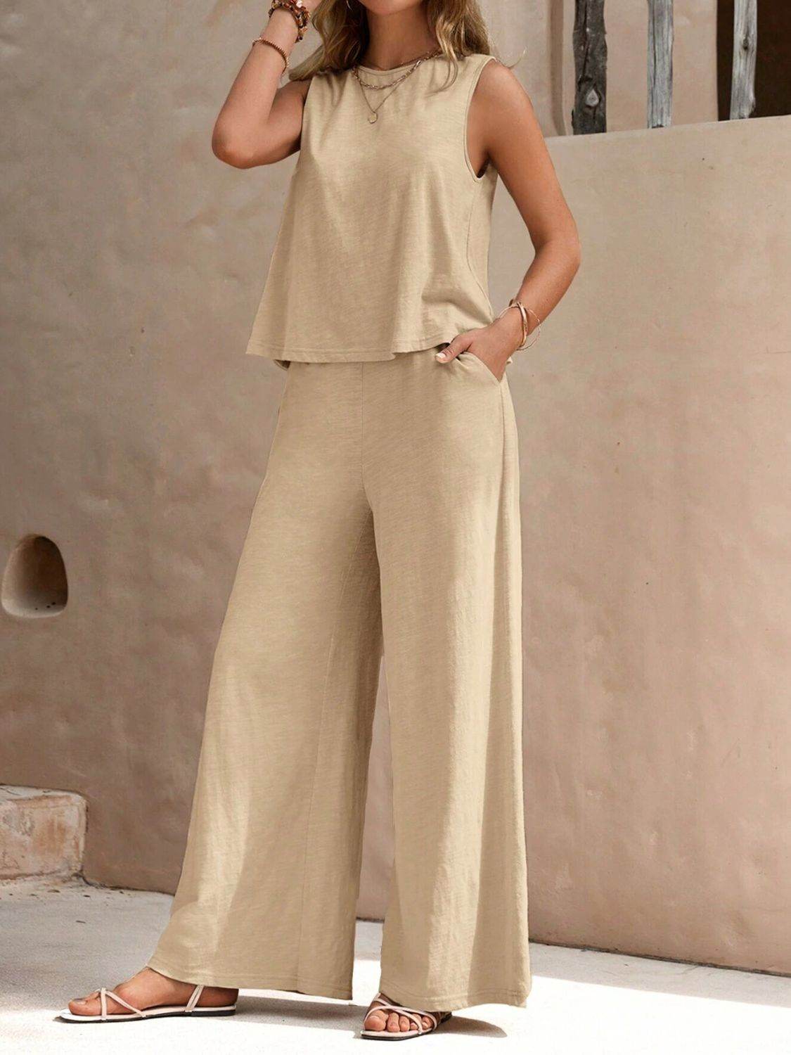 Round Neck Sleeveless Top and Wide Leg Pants Set - DaTrendStore.Com