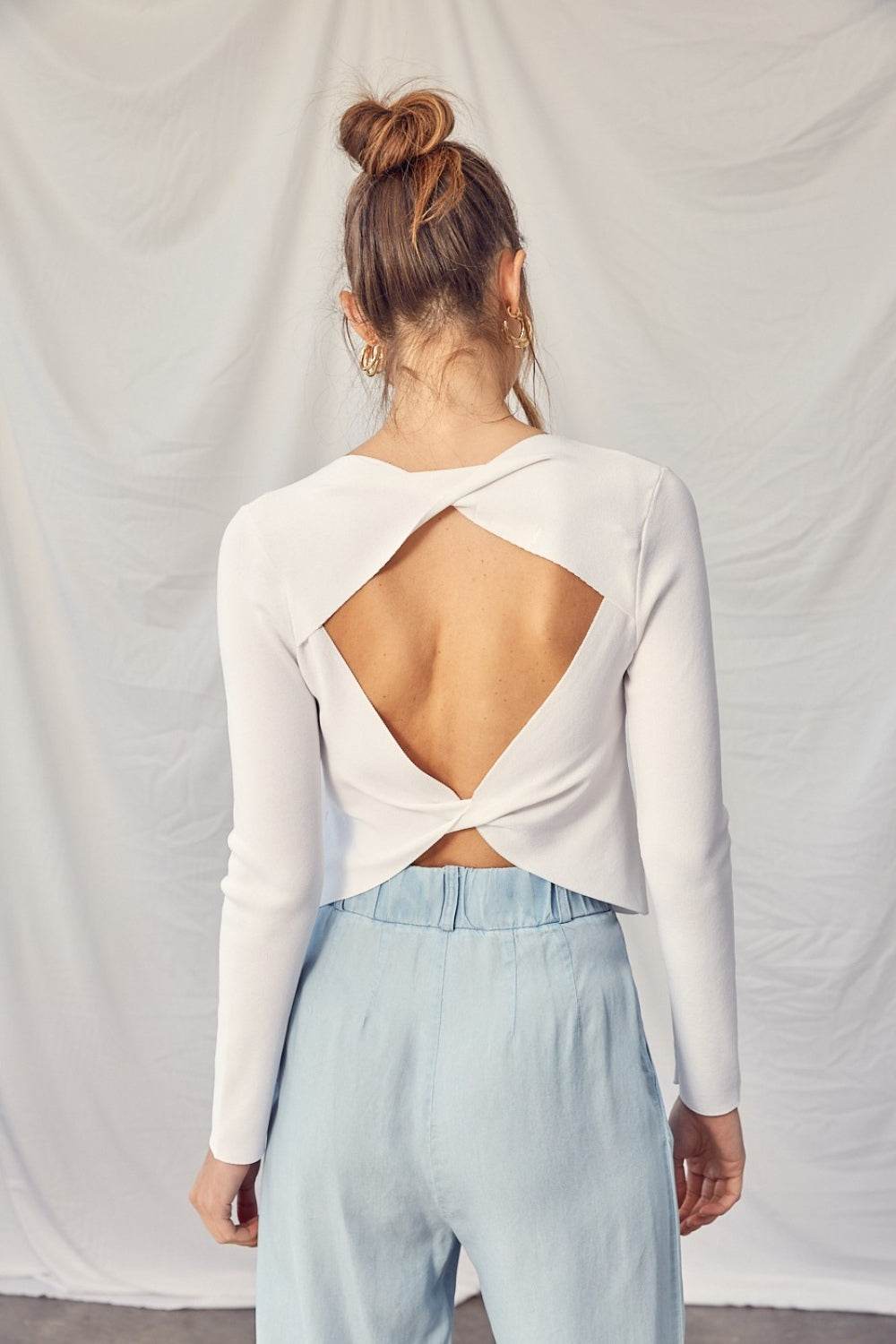 Idem Ditto Twisted Backless Long Sleeve Knit Top - DaTrendStore.Com