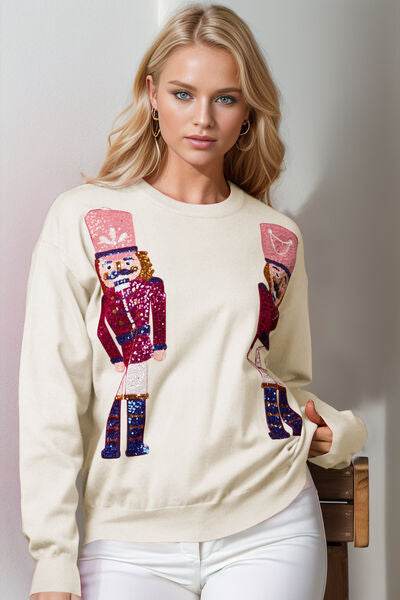 Double Take Full Size Nutcracker Sequin Long Sleeve Sweater - DaTrendStore.Com