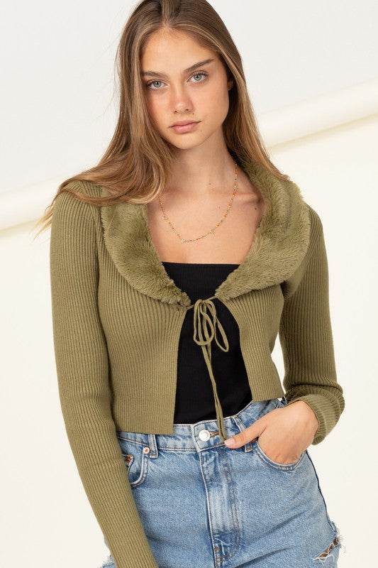 Miss Mesmerize Fur Trim Tie Front Ribbed Cardigan - DaTrendStore.Com