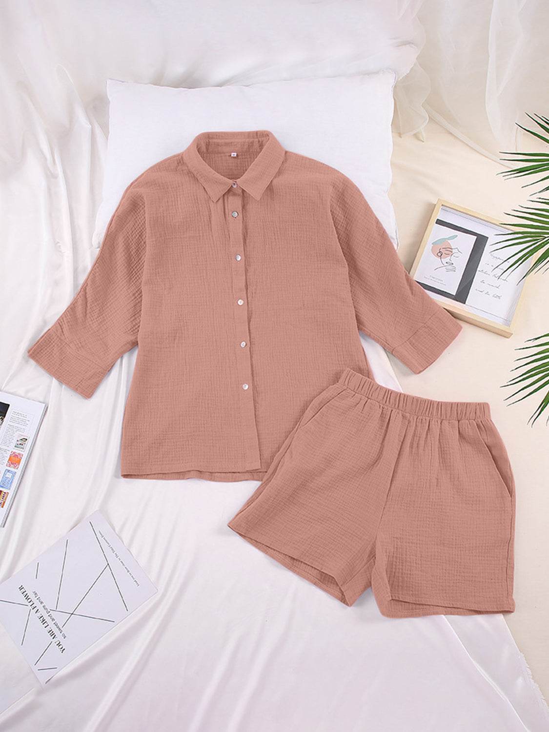 Texture Button Up Shirt and Shorts Set - DaTrendStore.Com