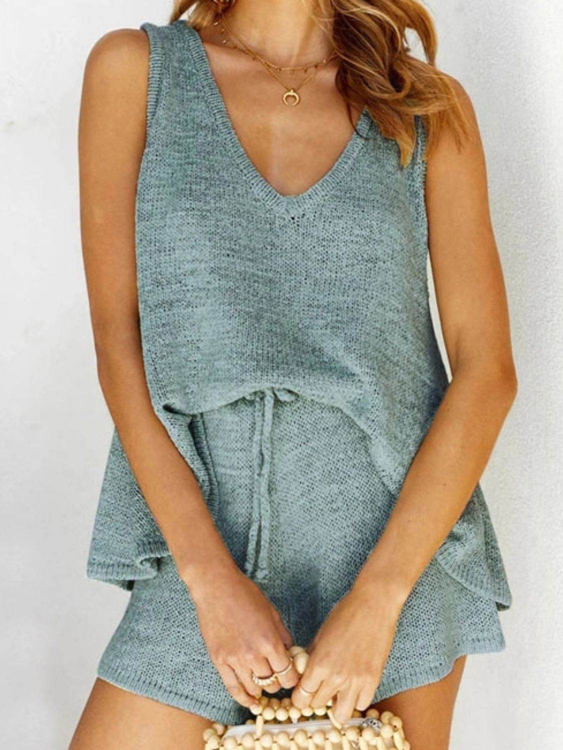 V-Neck Sleeveless Top and Drawstring Shorts Sweater Set - DaTrendStore.Com