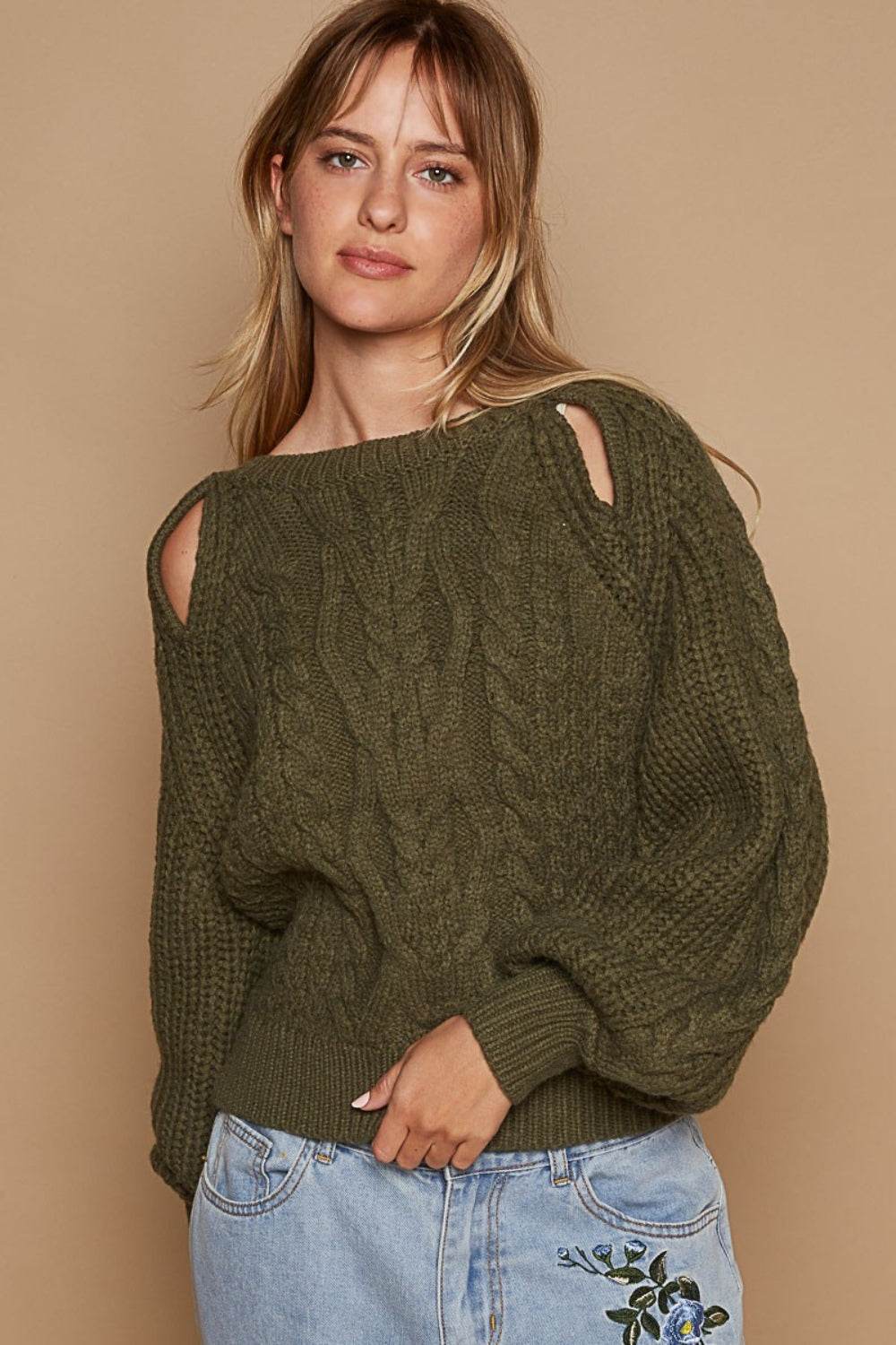 POL Cable Knit Cutout Long Sleeve Sweater - DaTrendStore.Com