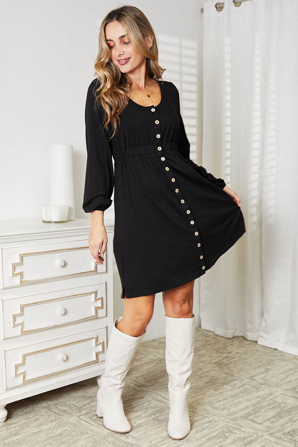 Double Take Scoop Neck Empire Waist Long Sleeve Magic Dress - DaTrendStore.Com