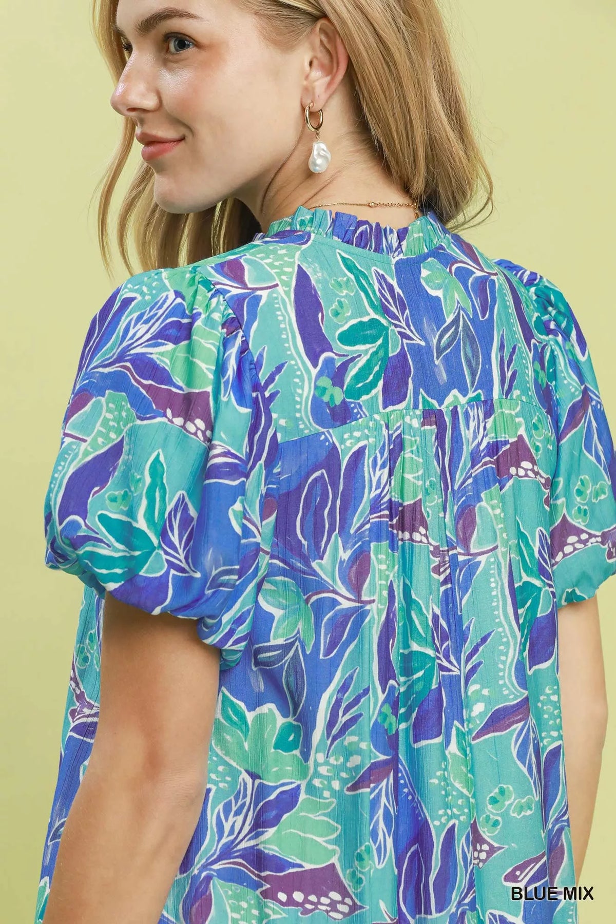 Umgee Tropical Floral Puff Sleeve Tiered Mini Dress - Blue Mix