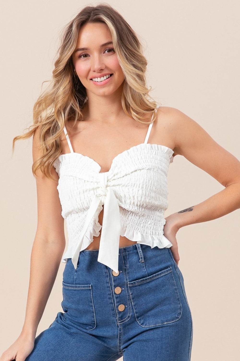 BiBi Ruffled Smocked Ribbon Detail Cami - DaTrendStore.Com