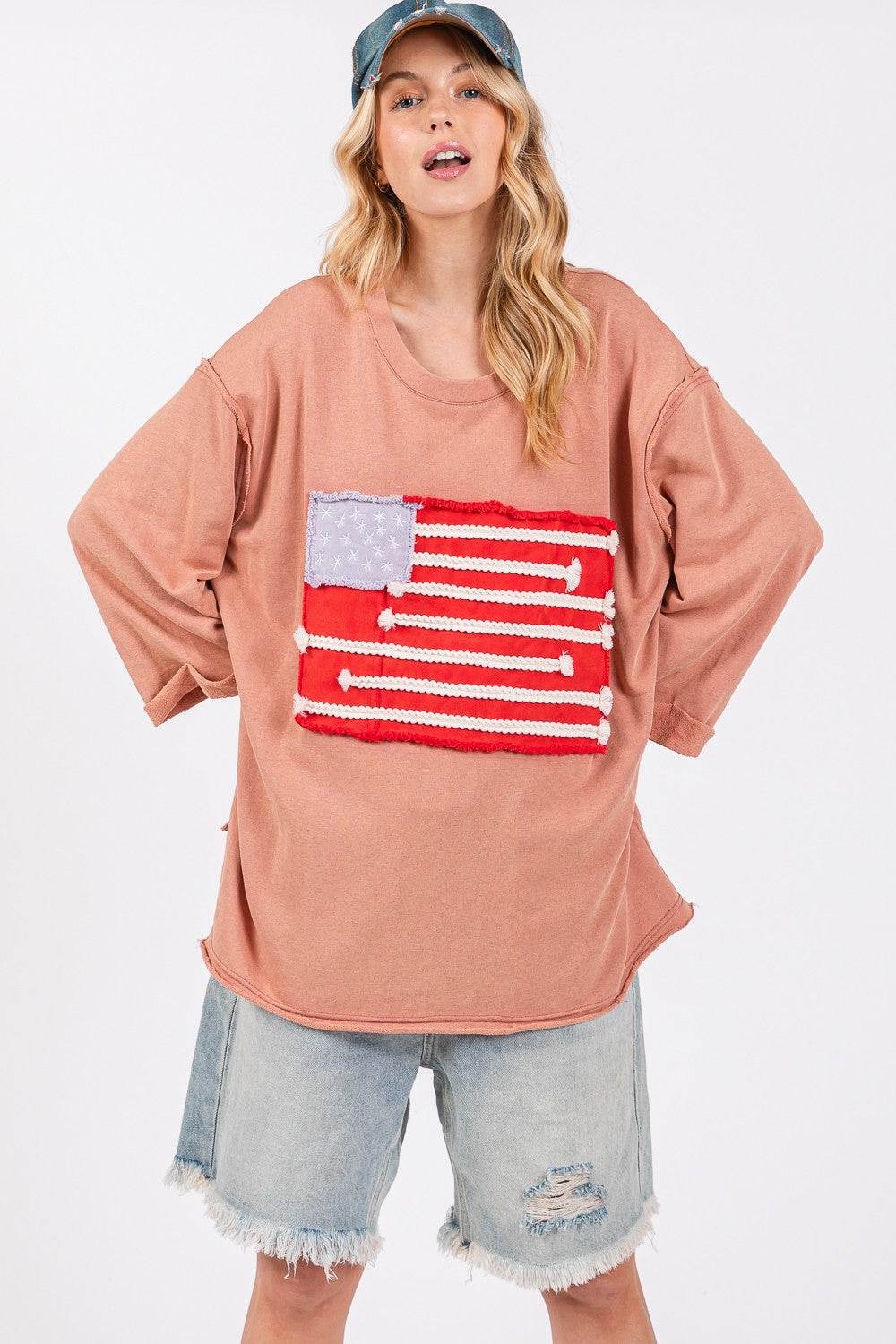 SAGE + FIG Full Size American Flag Patch Drop Shoulder T-Shirt - DaTrendStore.Com