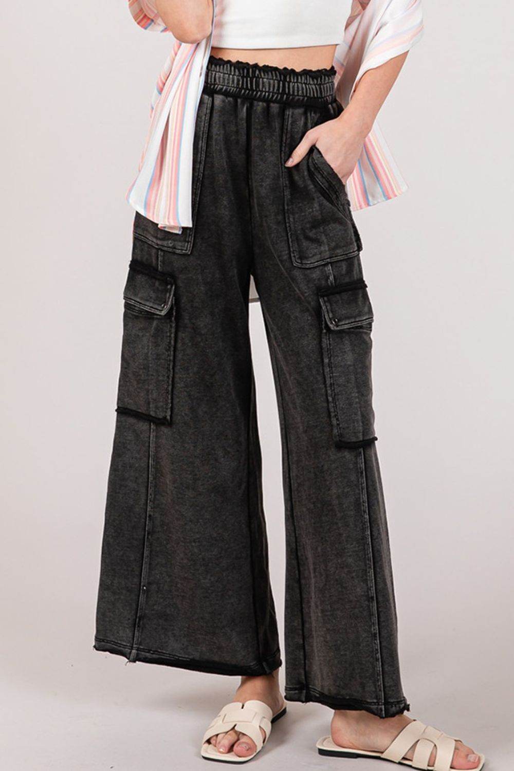 SAGE + FIG Knit Terry Mineral Wash Wide Leg Pants - DaTrendStore.Com