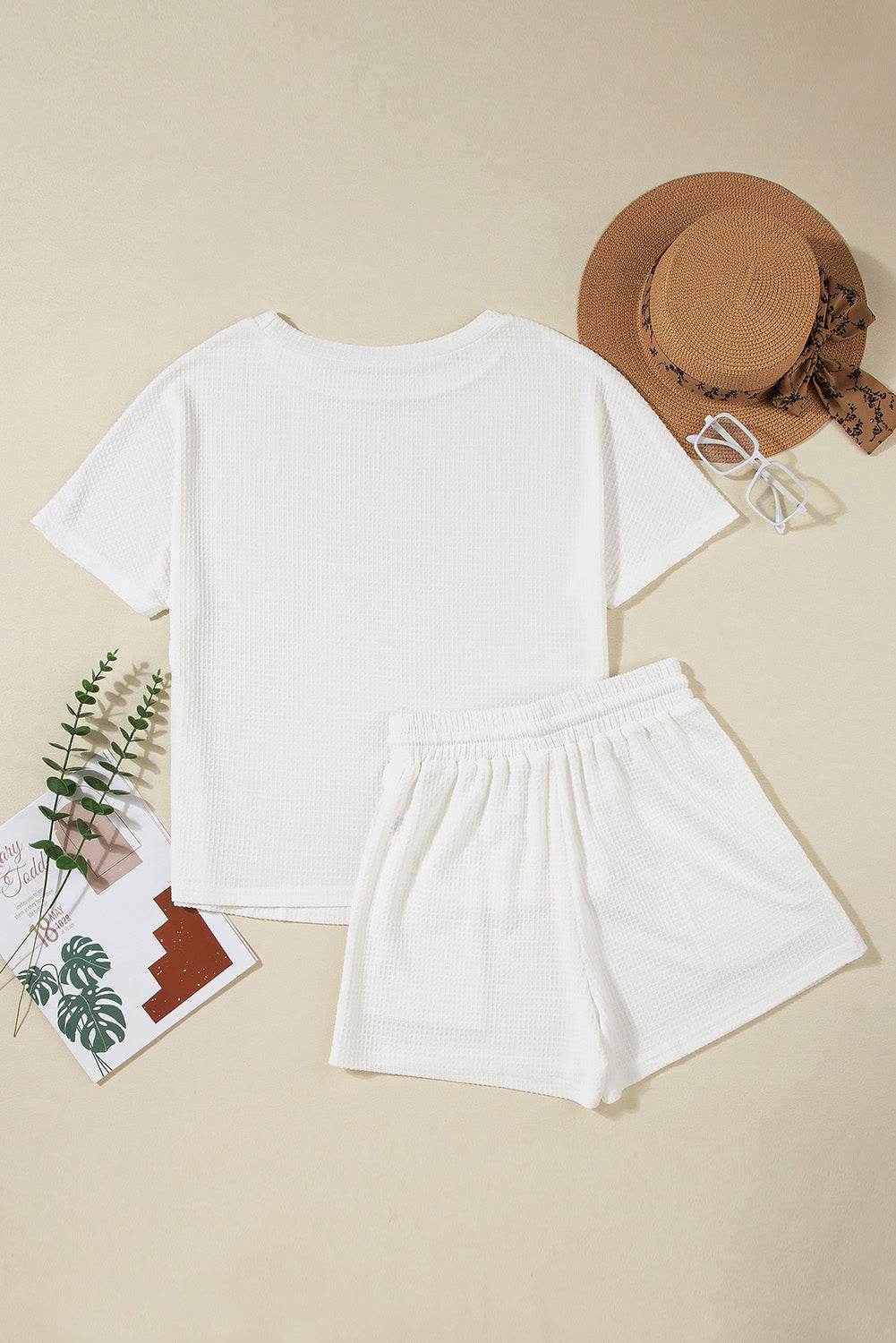 Waffle-Knit Sequin Round Neck Top and Shorts Set - DaTrendStore.Com