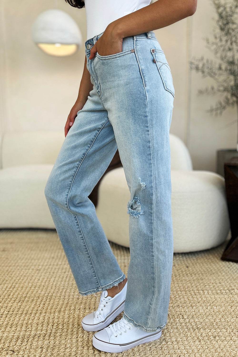 Judy Blue Full Size High Waist Distressed Straight Jeans - DaTrendStore.Com