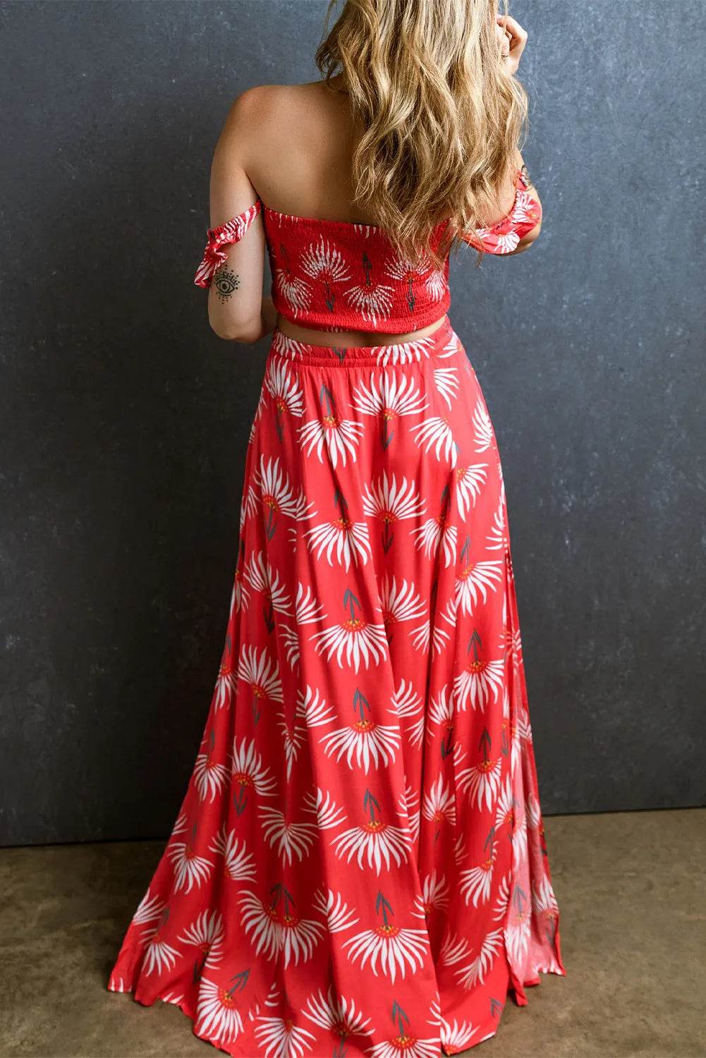 Smocked Off-Shoulder Top and Slit Skirt Set - DaTrendStore.Com