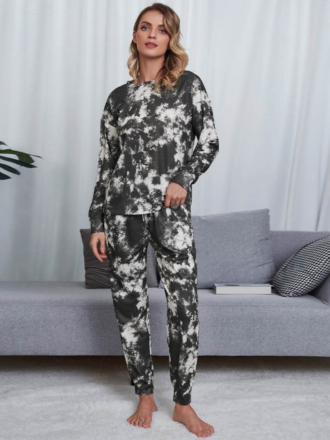 Shiny Tie-Dye Round Neck Top and Pants Lounge Set - DaTrendStore.Com