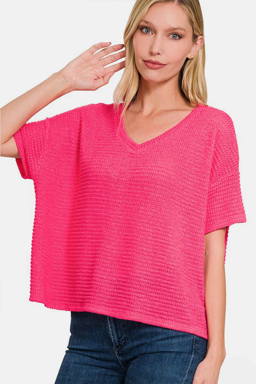 Zenana Drop Shoulder Short Sleeve Jacquard Knit Top - DaTrendStore.Com