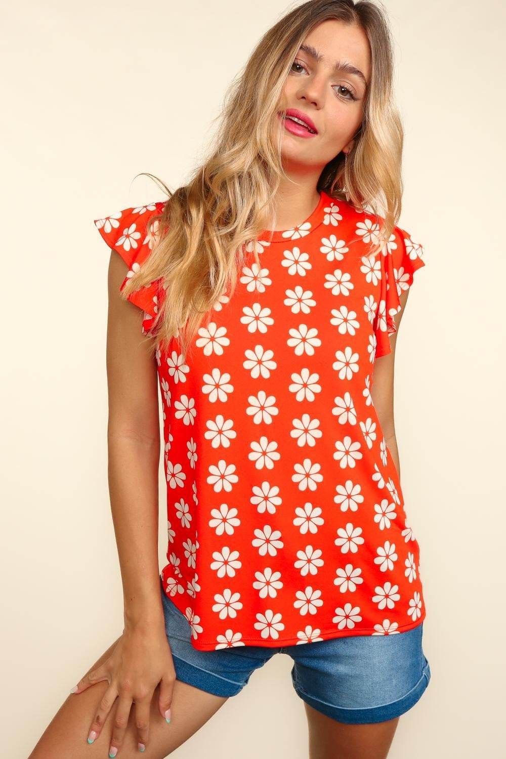Haptics Round Neck Ruffled Floral Contrast Knit Top - DaTrendStore.Com