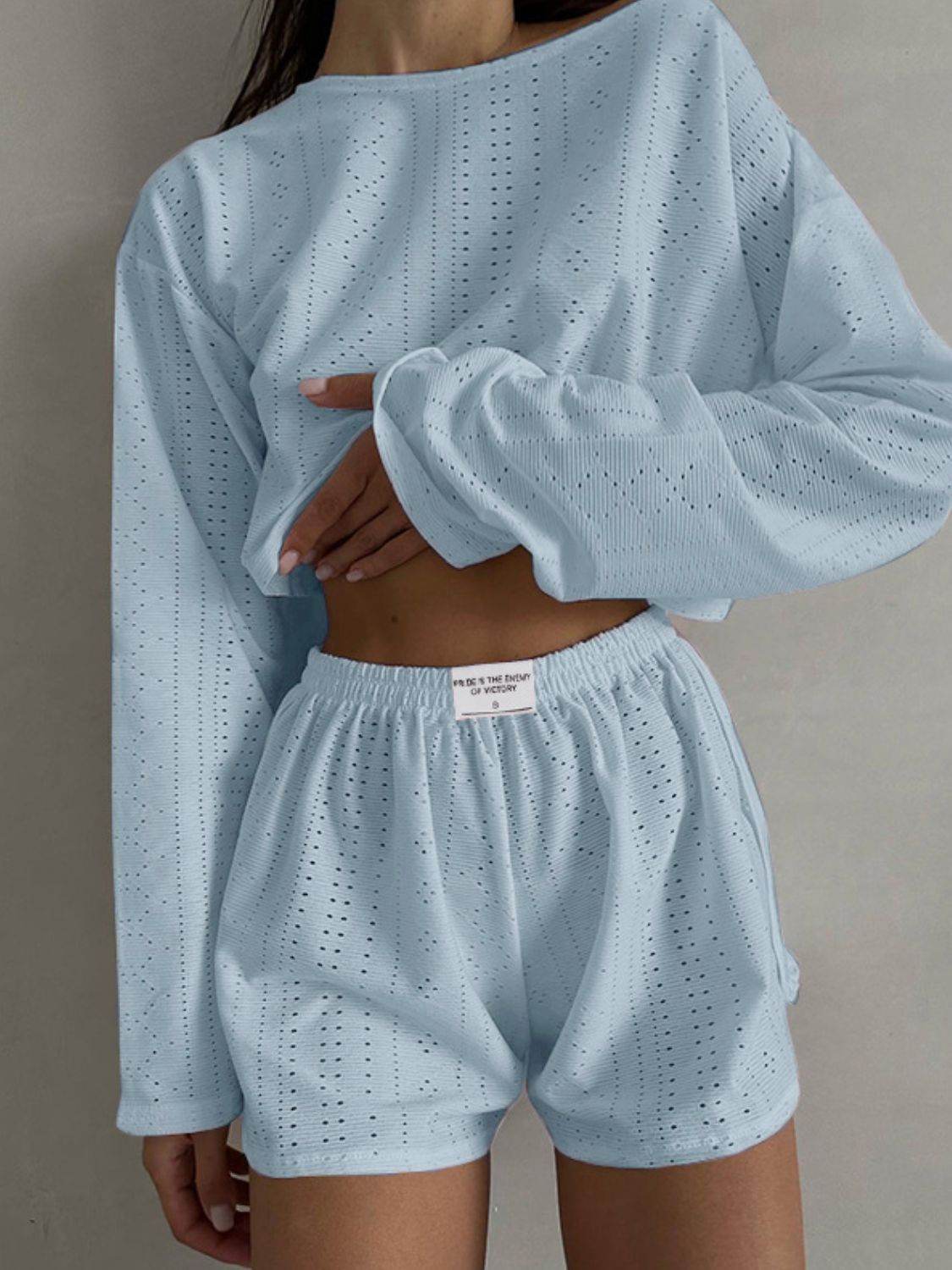 Eyelet Round Neck Top and Shorts Set - DaTrendStore.Com