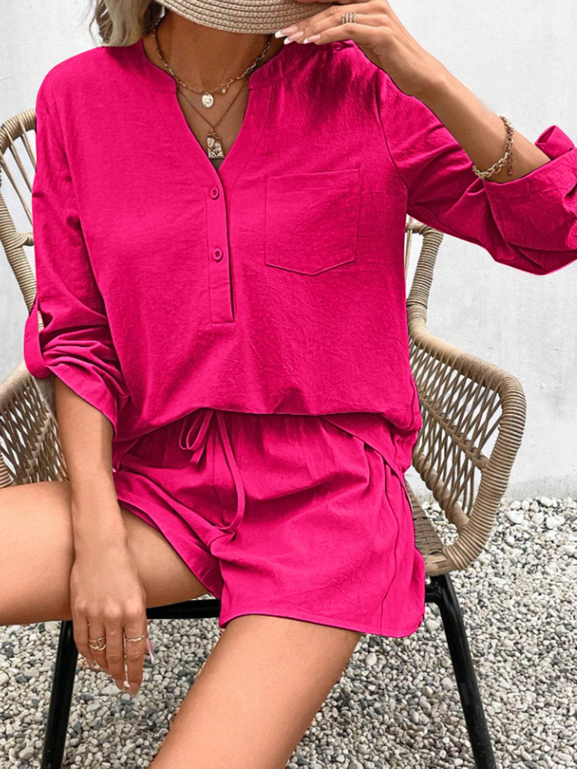 Notched Long Sleeve Top and Shorts Set - DaTrendStore.Com