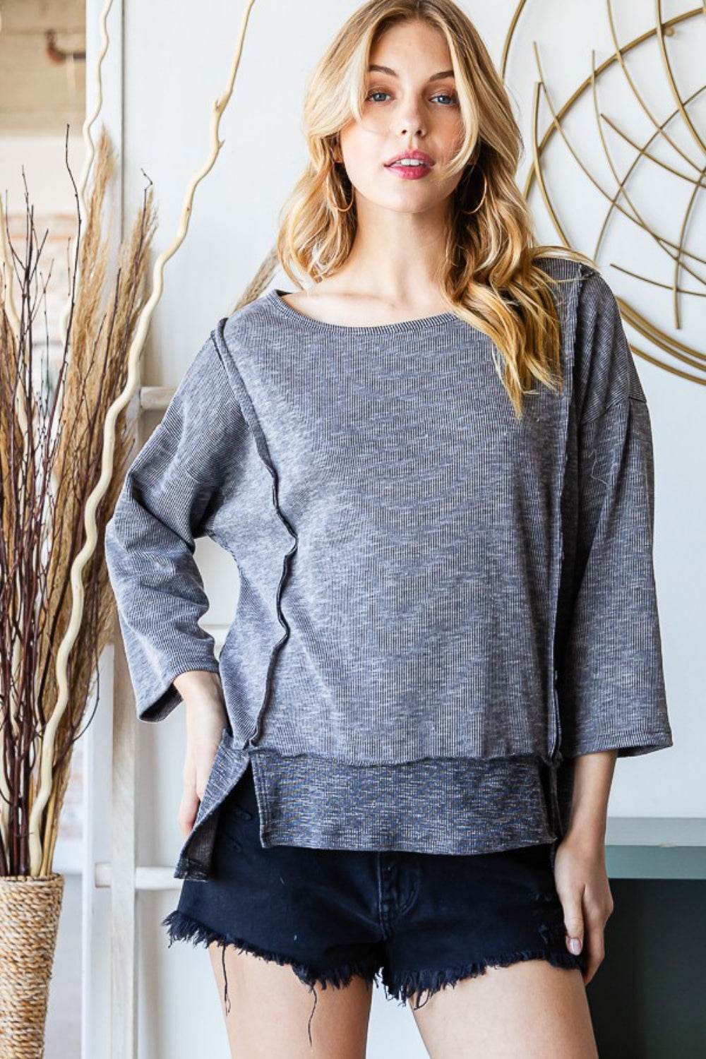 Reborn J Boat Neck Exposed Seam Slit Top - DaTrendStore.Com