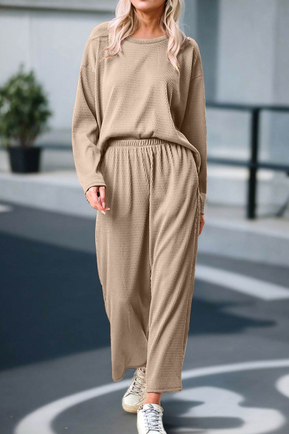 Round Neck Dropped Shoulder Top and Pants Set - DaTrendStore.Com
