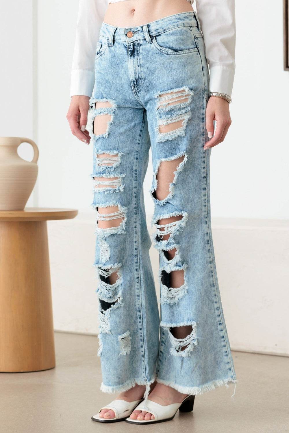 Litz La Distressed Frayed Hem Flare Jeans - DaTrendStore.Com