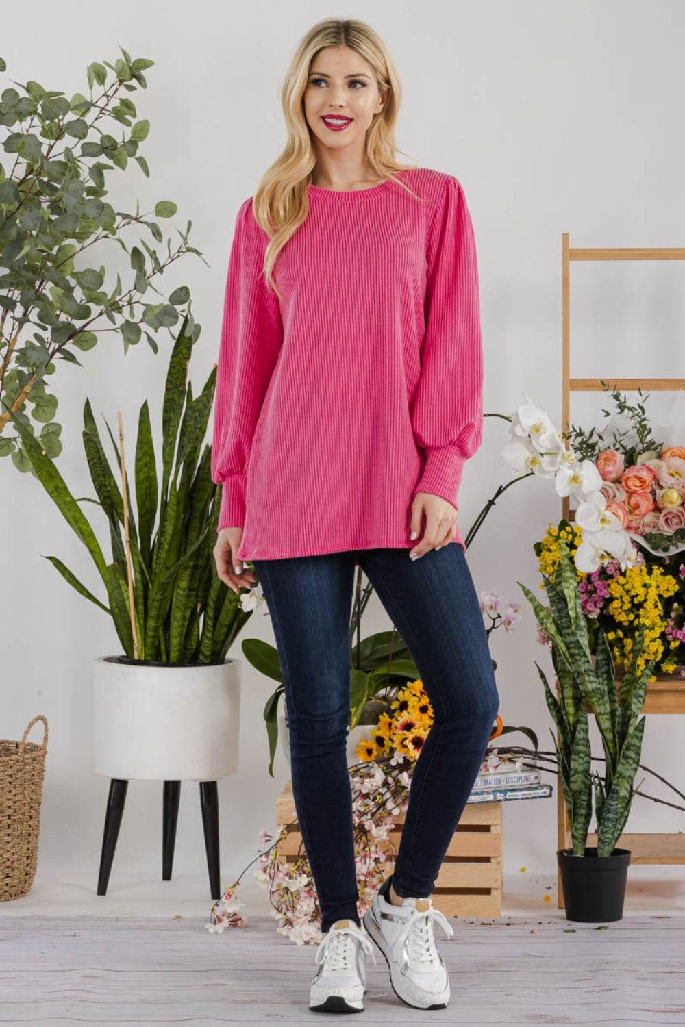 Celeste Full Size Striped Round Neck Lantern Sleeve Top - DaTrendStore.Com