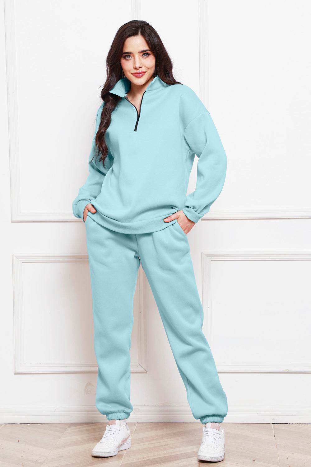 Half Zip Long Sleeve Sweatshirt and Pants Set - DaTrendStore.Com