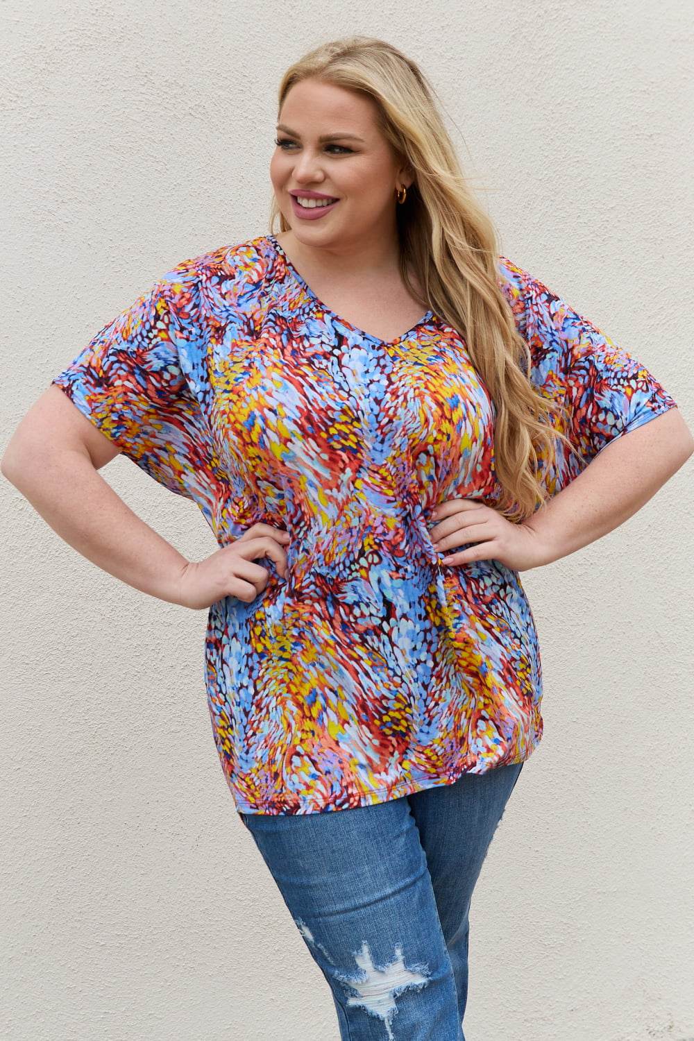 Be Stage Full Size Printed Dolman Flowy Top - DaTrendStore.Com