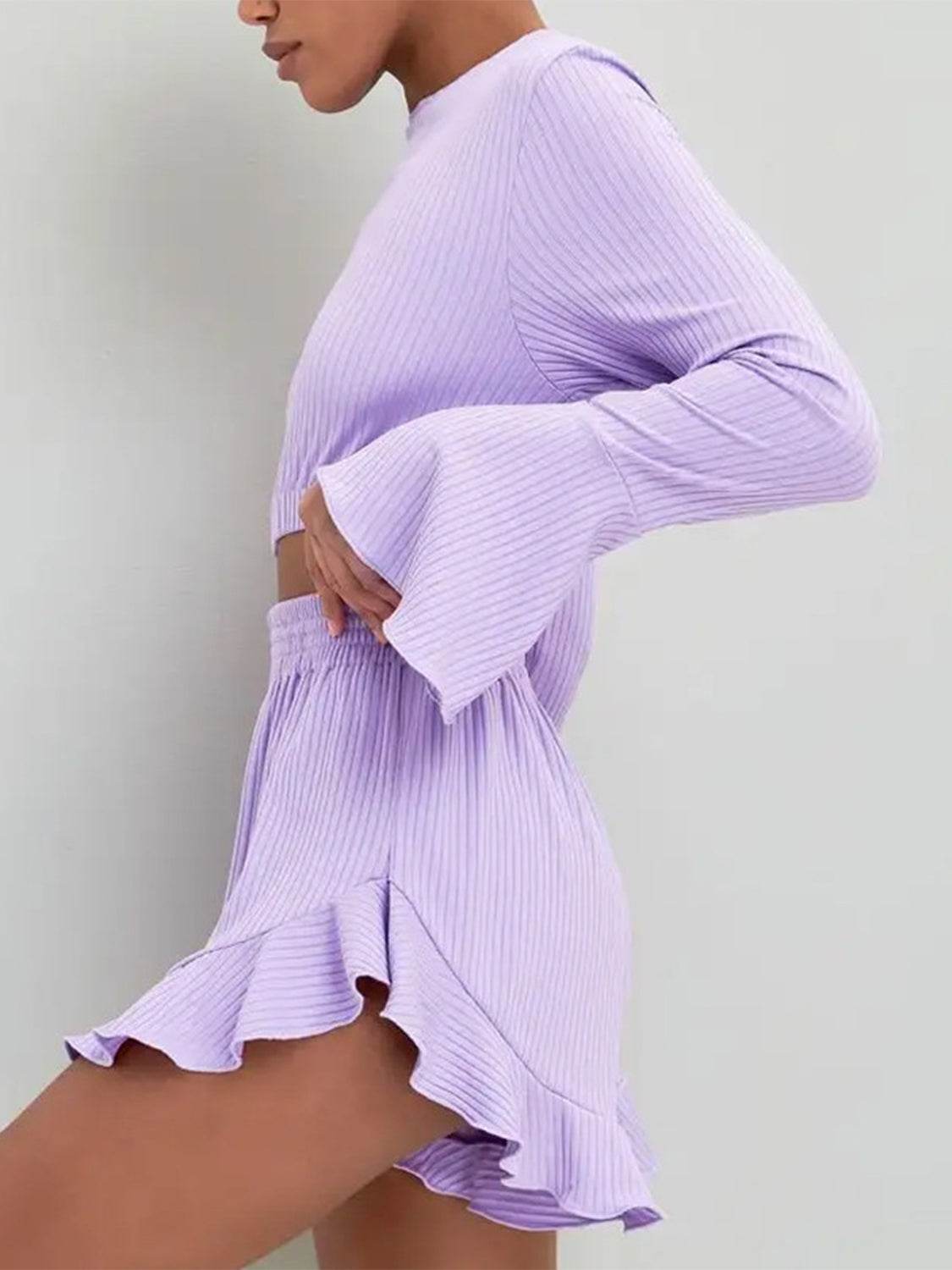 Round Neck Long Sleeve Top and Ruffled Shorts Set - DaTrendStore.Com