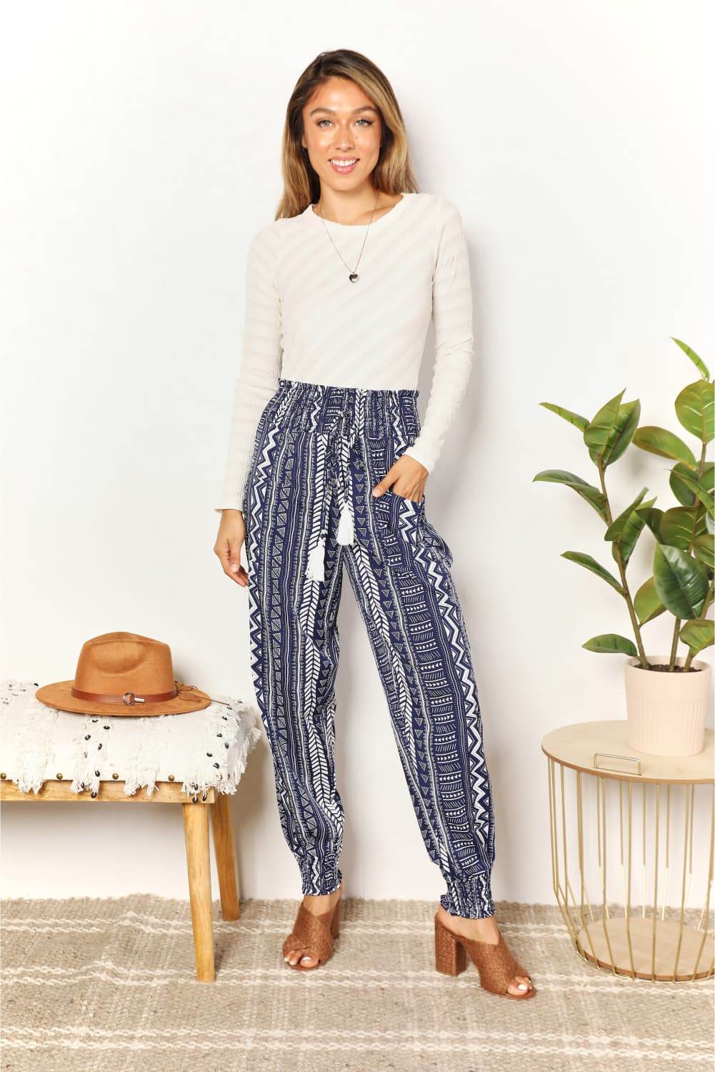 Perfee Geometric Print Tassel High-Rise Pants - DaTrendStore.Com