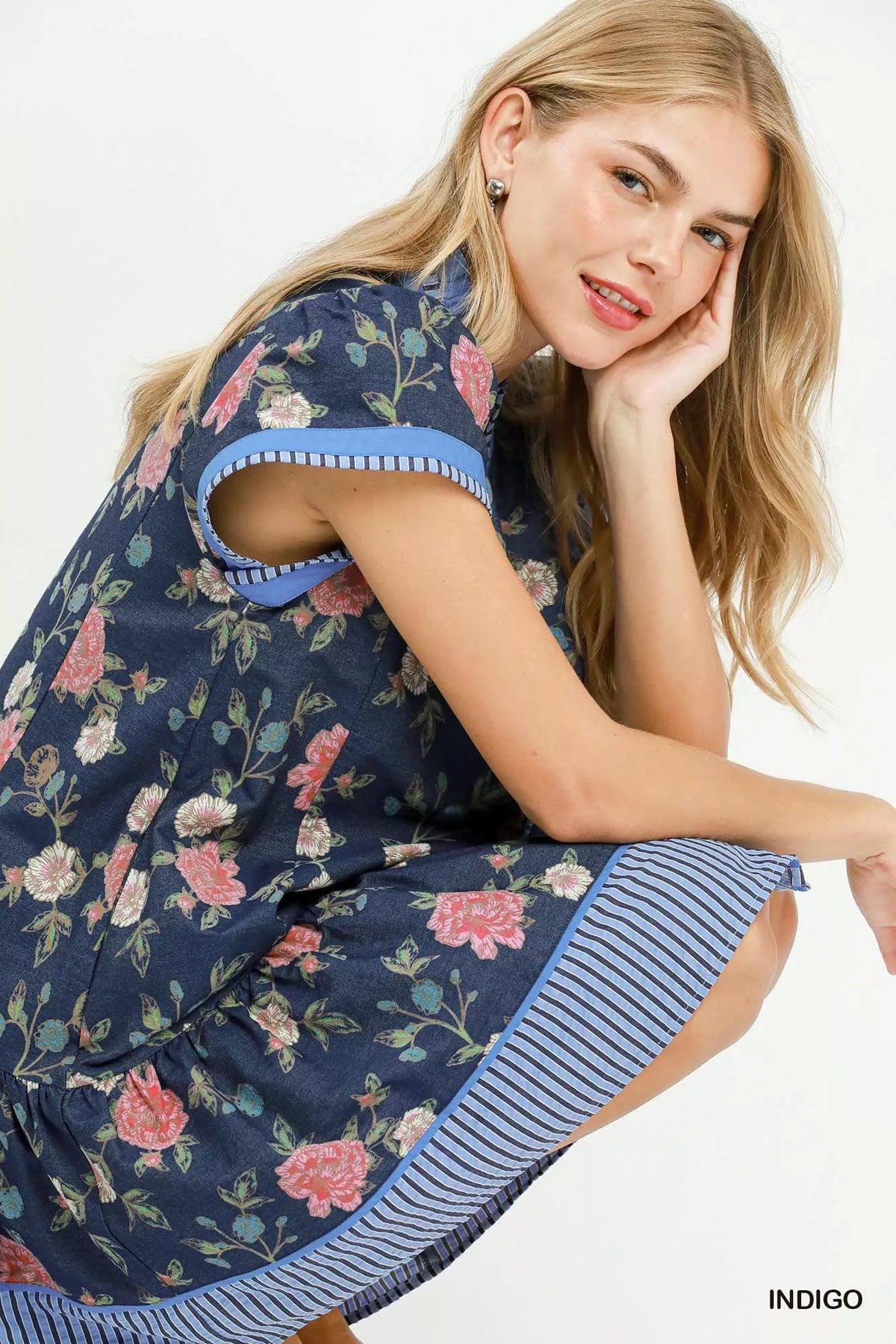 Umgee Floral Contrast Trim Ruffle Hem Mini Dress - Indigo