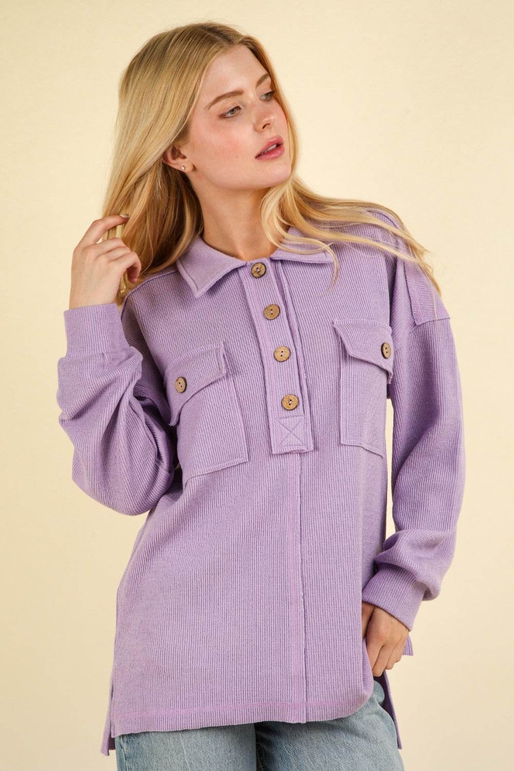 VERY J Collared Half Button Knit Top with Pockets - DaTrendStore.Com