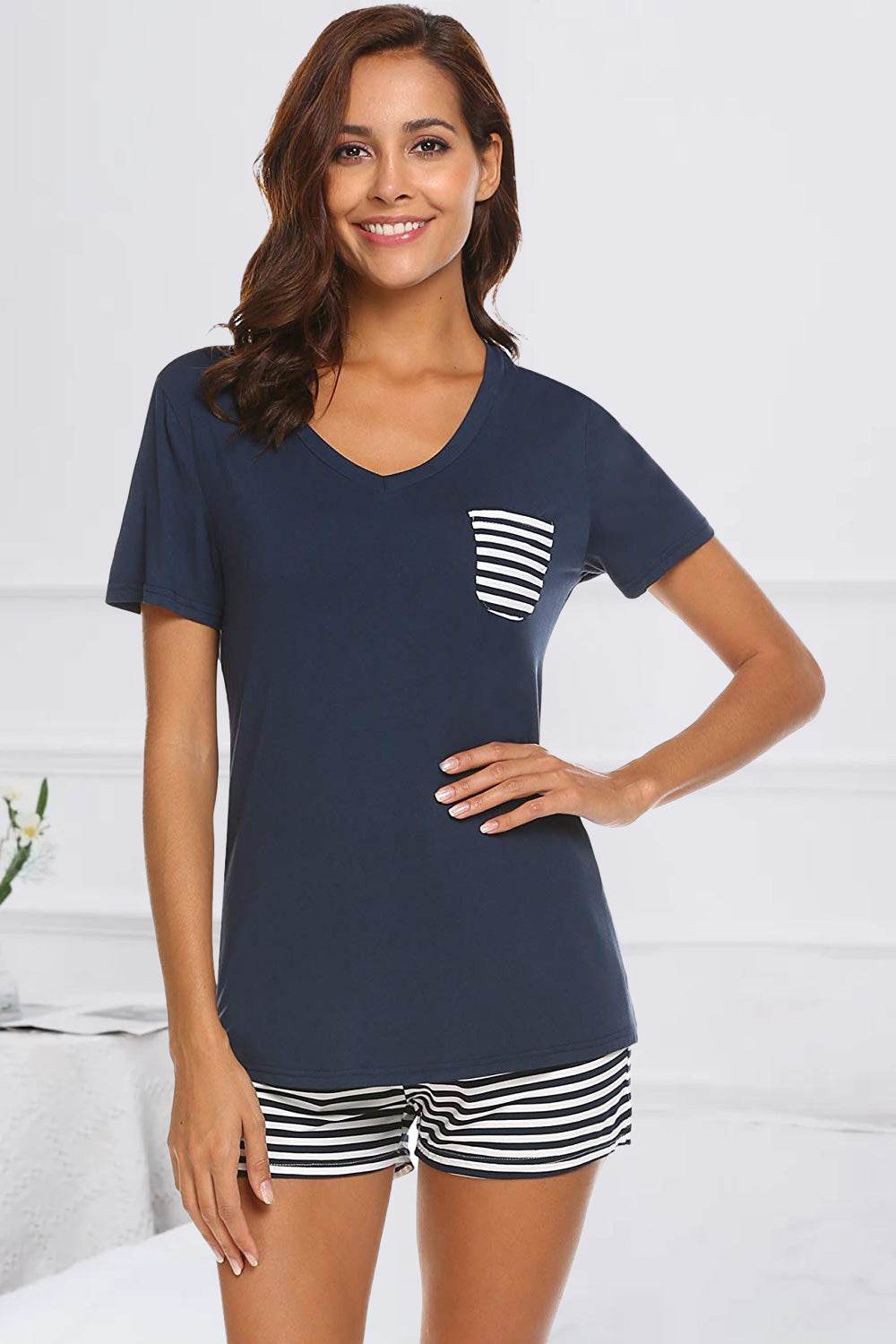 Striped Short Sleeve Top and Shorts Lounge Set - DaTrendStore.Com