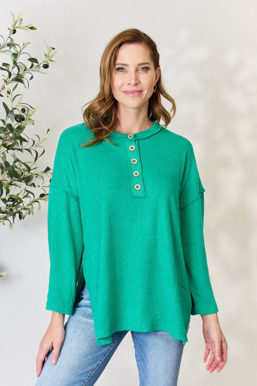 Zenana Full Size Ribbed Half Button Slit Knit Top - DaTrendStore.Com