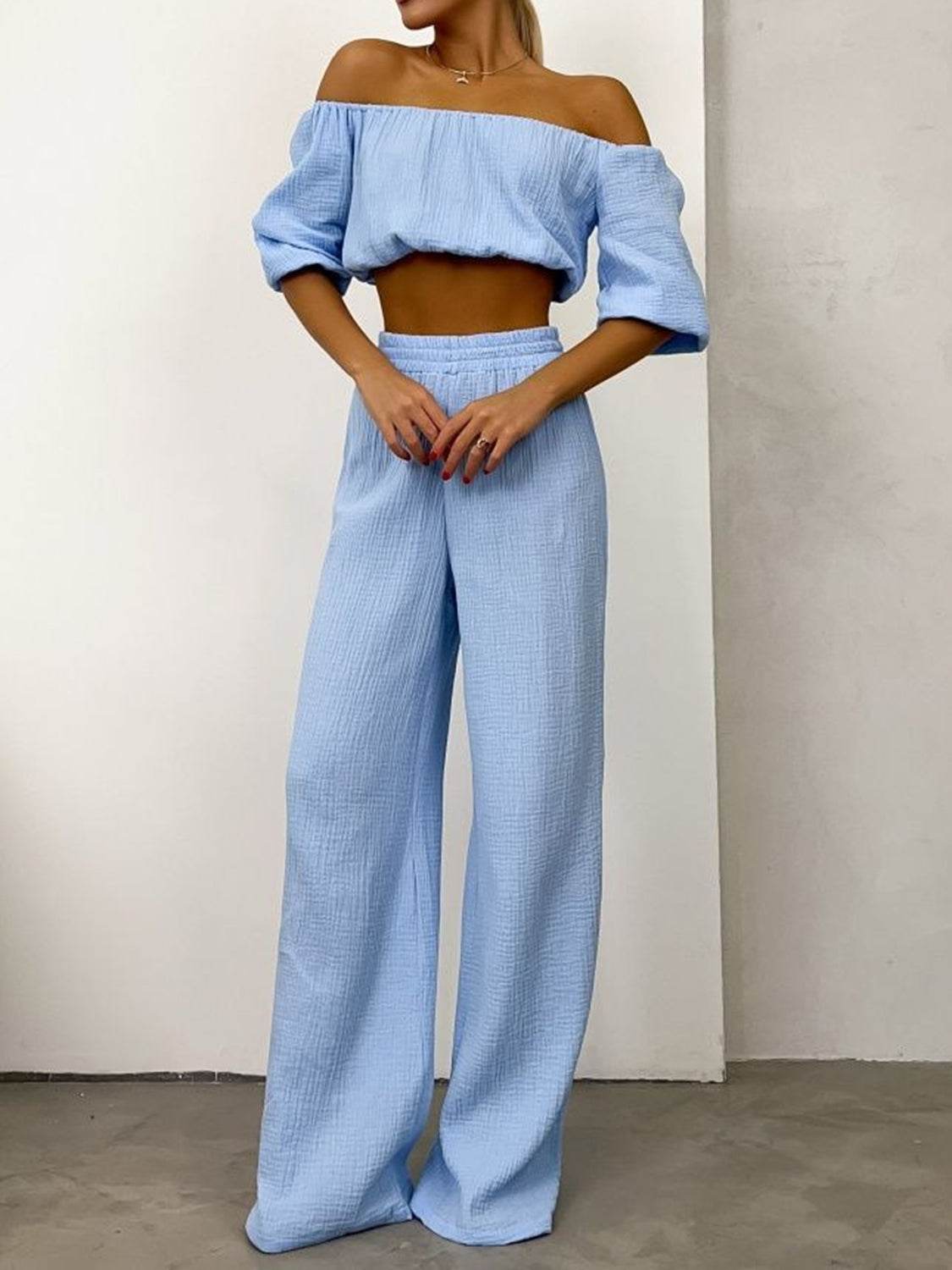 Off Shoulder Long Sleeve Top and Pants Set - DaTrendStore.Com