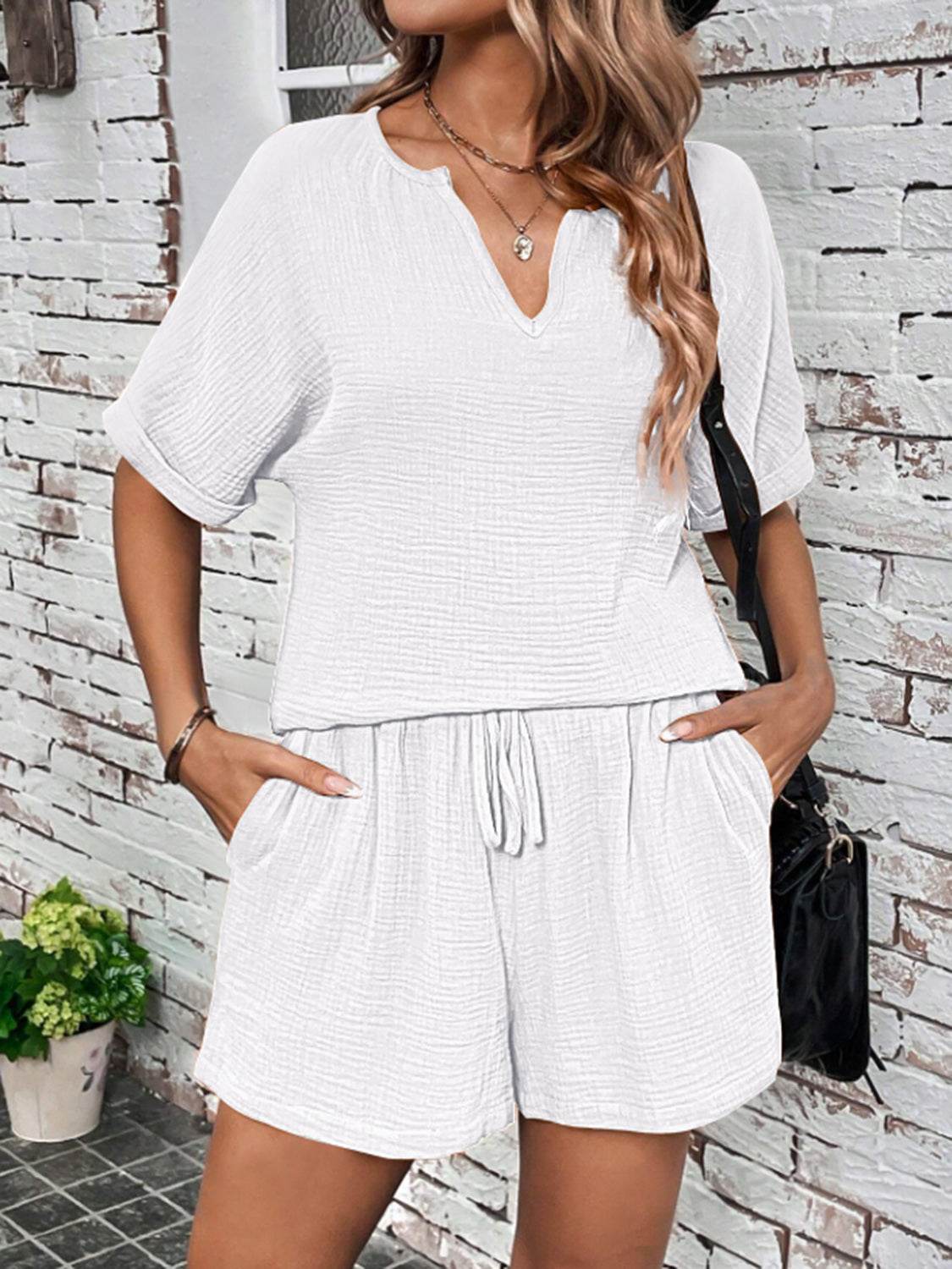 Notched Half Sleeve Top and Shorts Set - DaTrendStore.Com