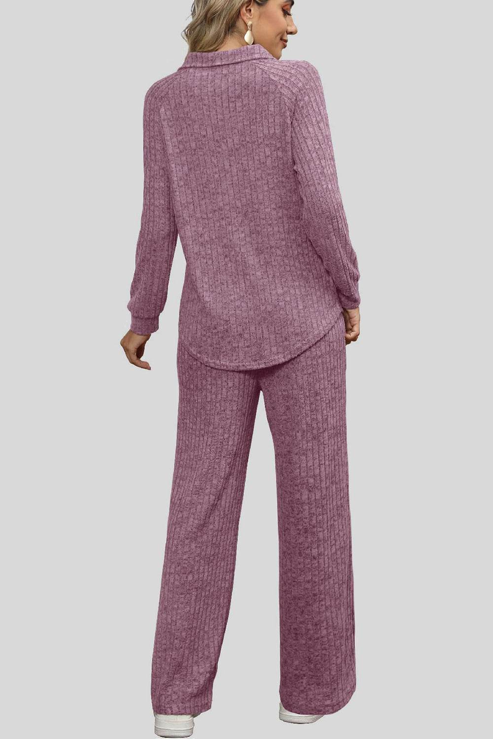 Ribbed Long Sleeve Top and Pocketed Pants Set - DaTrendStore.Com