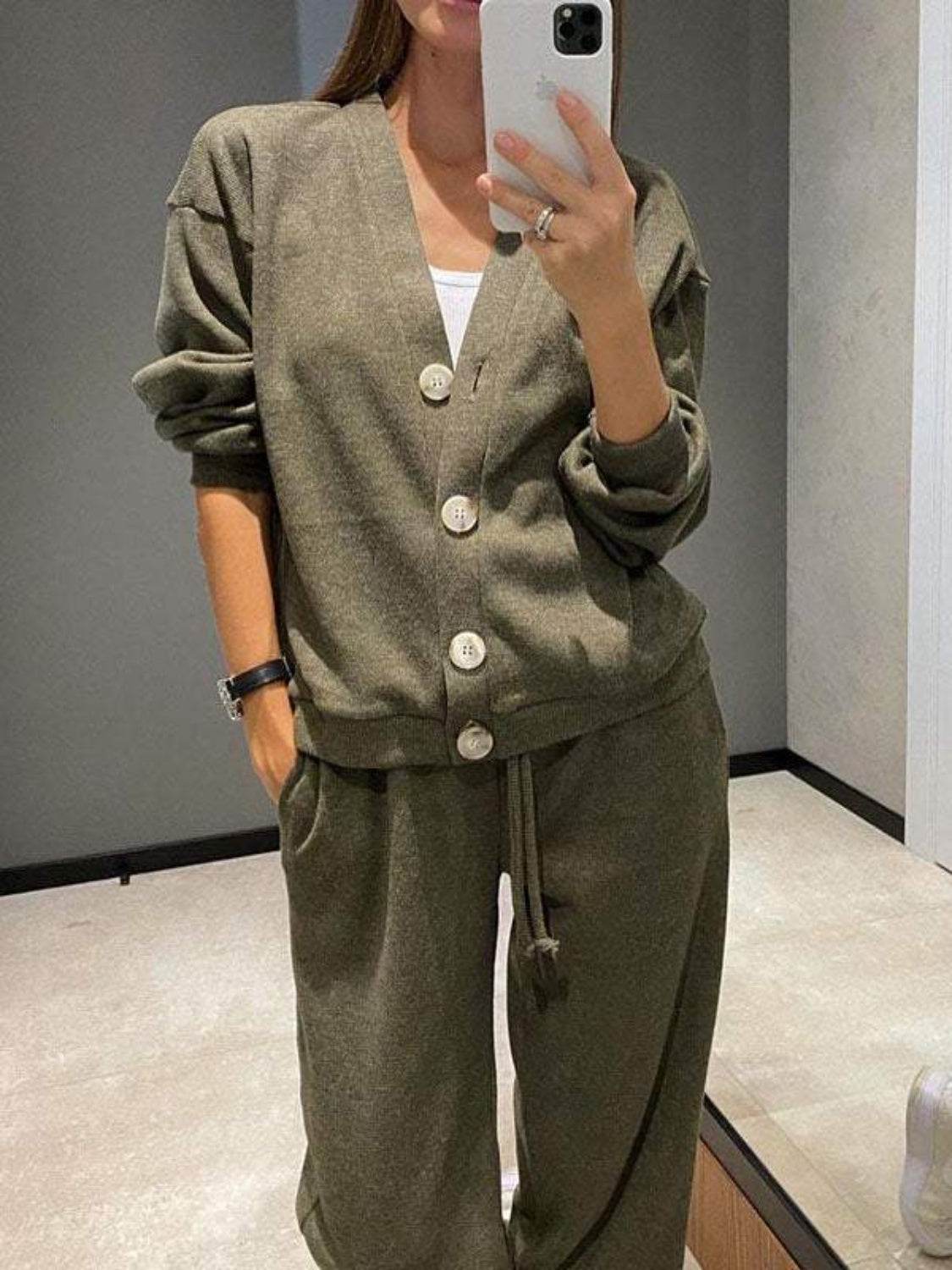 Full Size Button Up Long Sleeve Top and Pants Set - DaTrendStore.Com