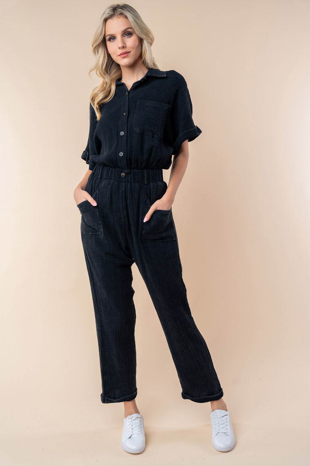 White Birch Texture Short Sleeve Jumpsuit - DaTrendStore.Com