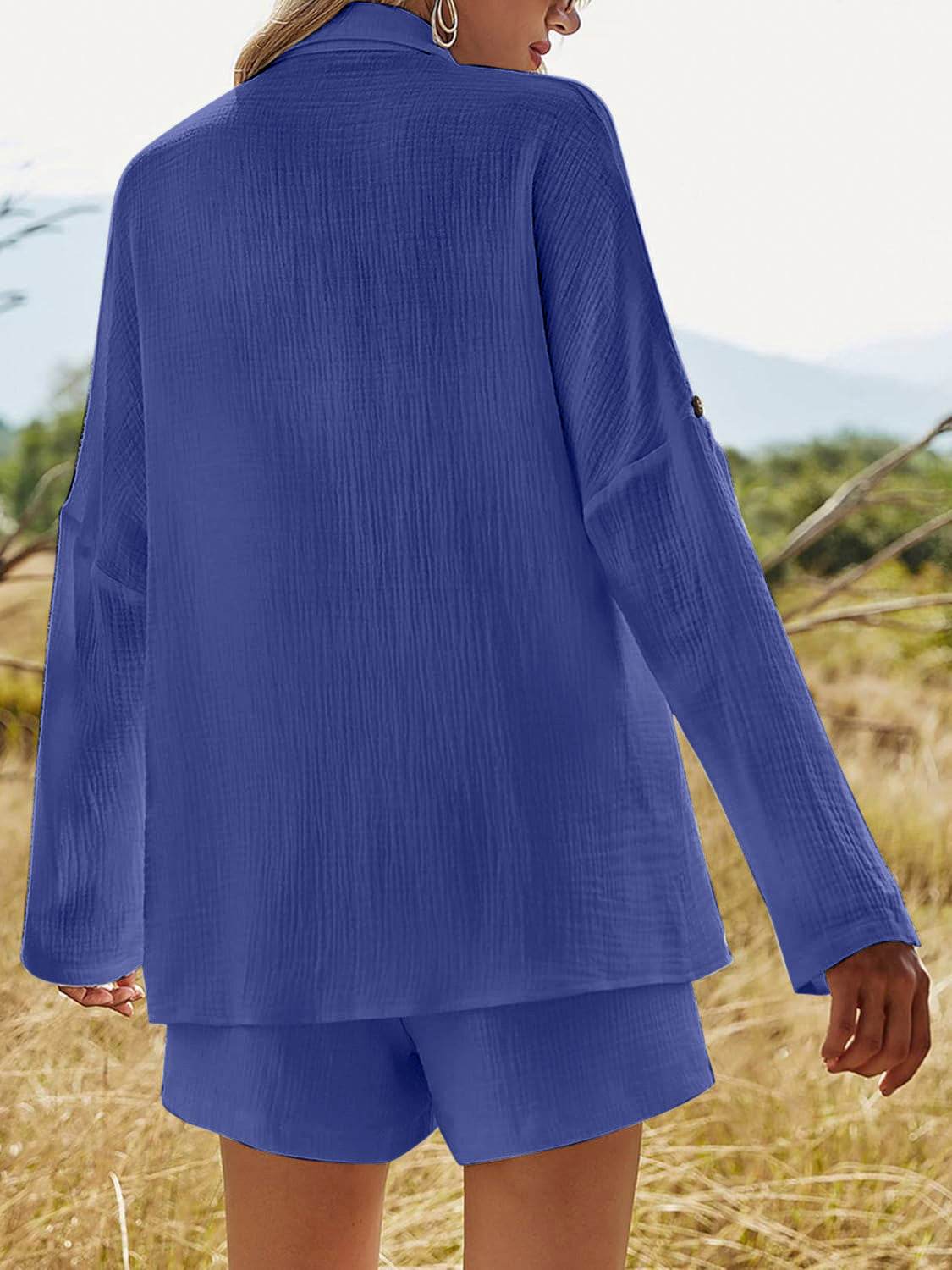 Texture Button Up Shirt and Shorts Set - DaTrendStore.Com