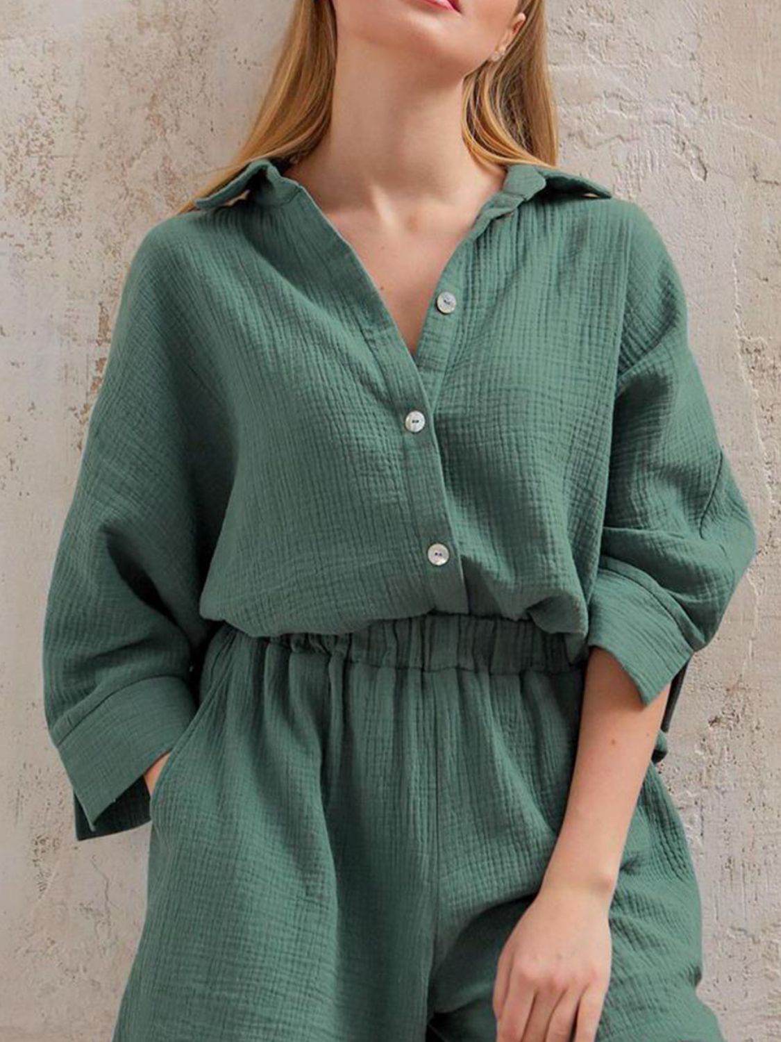 Texture Button Up Shirt and Shorts Set - DaTrendStore.Com