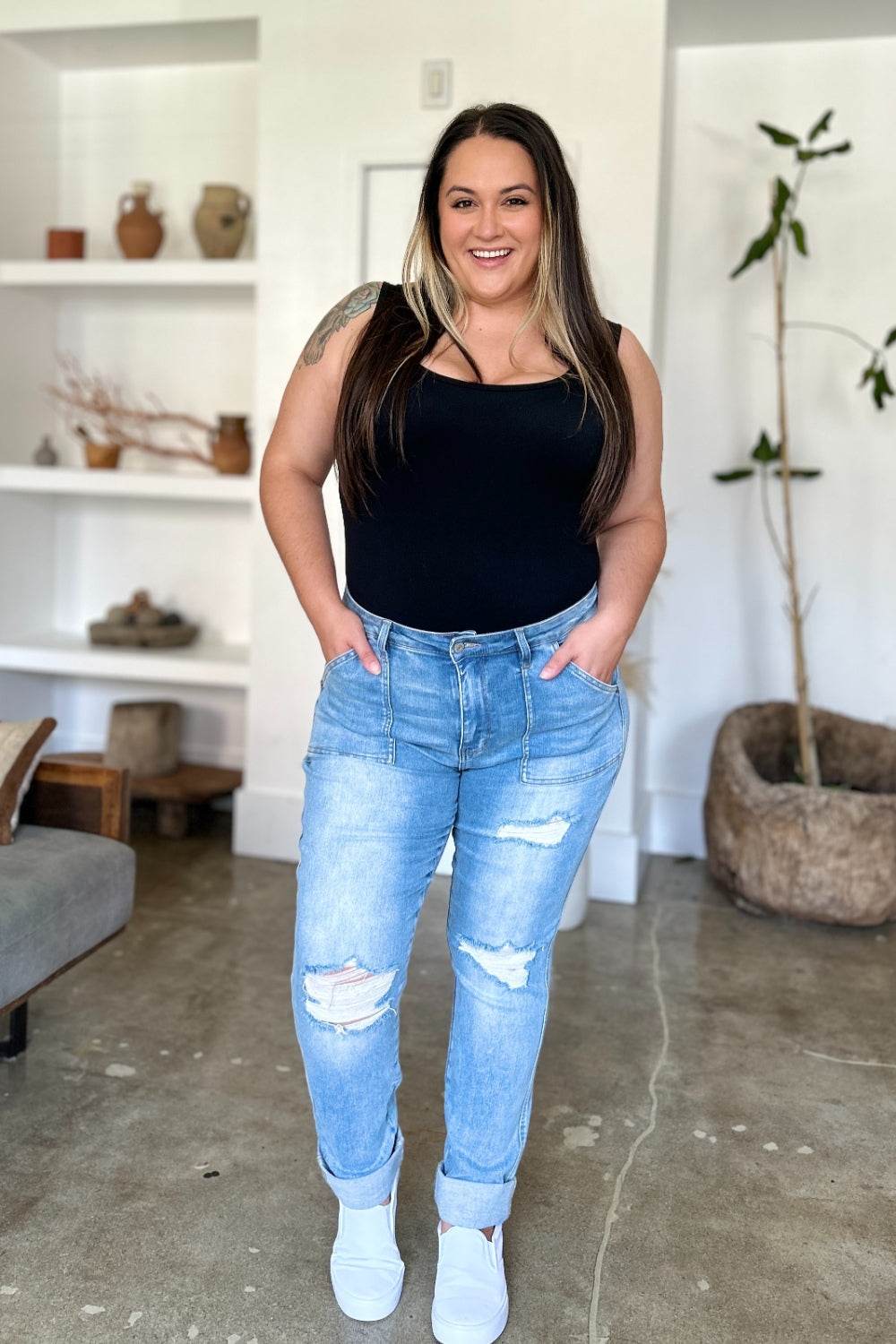 Judy Blue Full Size Distressed Straight Jeans with Patch Pockets - DaTrendStore.Com