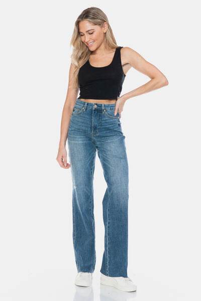 Judy Blue Full Size Tummy Control Cut Raw Hem Straight Jeans - DaTrendStore.Com