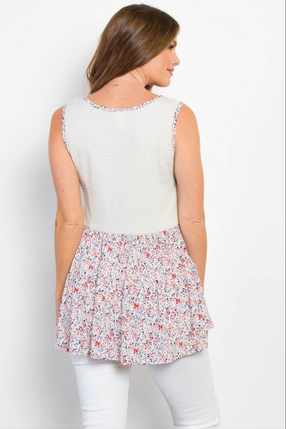 Be Stage Full Size Smocked Printed Peplum Sleeveless Top - DaTrendStore.Com